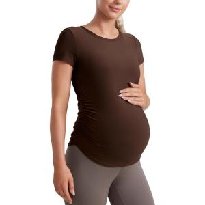 CRZ YOGA Cloudweight Maternity Shirts for Women Pregnancy Short Sleeve Side Ruched Tops Soft Workout Casual Athletic T-Shirt(Coffee Brown)