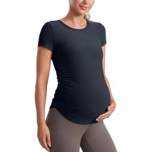 CRZ YOGA Cloudweight Maternity Shirts for Women Pregnancy Short Sleeve Side Ruched Tops Soft Workout Casual Athletic T-Shirt(True Navy)