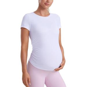 CRZ YOGA Cloudweight Maternity Shirts for Women Pregnancy Short Sleeve Side Ruched Tops Soft Workout Casual Athletic T-Shirt(White)