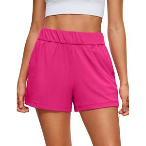 CRZ YOGA Comfy Ribbed Sweat Shorts for Women 3″ – High Waisted Lyocell for Casual Lounge Athletic Jersey with Pockets(Granita Pink)