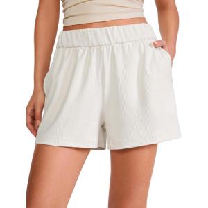 CRZ YOGA Comfy Ribbed Sweat Shorts for Women 3″ – High Waisted Lyocell for Casual Lounge Athletic Jersey with Pockets(Milky White (Bone))