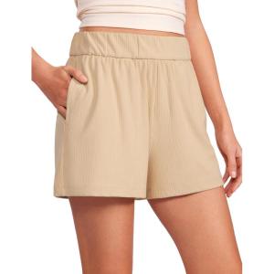 CRZ YOGA Comfy Ribbed Sweat Shorts for Women 3″ – High Waisted Lyocell for Casual Lounge Athletic Jersey with Pockets(Tan Milkshake)