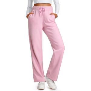 CRZ YOGA Cotton Fleece Lined Sweatpants Women 28″/30″/32″ – Straight Leg Casual Lounge Pants with Pockets Winter Warm(Pink Peony)