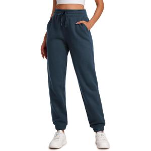 CRZ YOGA Cotton Fleece Lined Sweatpants Women High Waisted Warm Casual Lounge Jogger Pants with Pockets(Ink Blue)