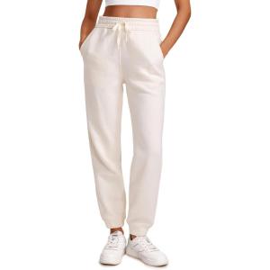 CRZ YOGA Cotton Fleece Lined Sweatpants Women High Waisted Warm Casual Lounge Jogger Pants with Pockets(White Apricot)