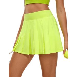 CRZ YOGA Cute Pleated Skirts for Women High Waisted Tennis Golf Skorts with Pockets Casual Athletic Workout Skater(Neon Yellow)
