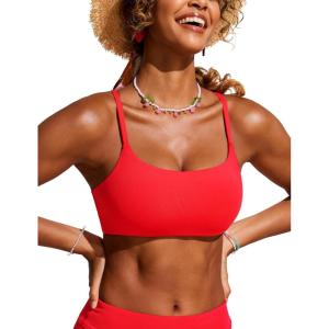 CRZ YOGA D-DD Scoop Neck Bikini Tops for Women – Padded Adjustable Spaghetti Straps Bathing Swimsuit Sports Bra(Deep Red)