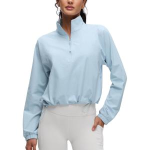 CRZ YOGA Drawstring Bottom Workout Jackets for Women – Half Zip Pullover Cropped Workout Outdoor Tops with Pockets(Blue Linen)