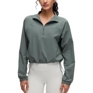 CRZ YOGA Drawstring Bottom Workout Jackets for Women – Half Zip Pullover Cropped Workout Outdoor Tops with Pockets(Grey Sage)