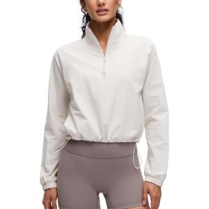 CRZ YOGA Drawstring Bottom Workout Jackets for Women – Half Zip Pullover Cropped Workout Outdoor Tops with Pockets(Milky White)