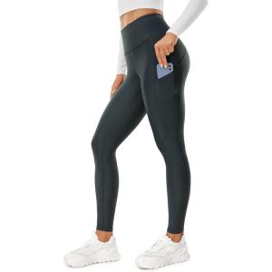 CRZ YOGA Fleece Lined Leggings Pockets 28” – Thermal Casual Lounge Workout Womens Yoga Full Length Pants Winter Warm(Melanite)