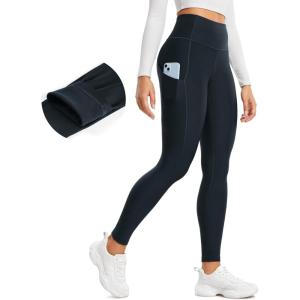 CRZ YOGA Fleece Lined Leggings Pockets 28” – Thermal Casual Lounge Workout Womens Yoga Full Length Pants Winter Warm(True Navy)