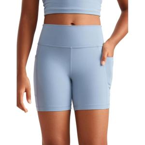CRZ YOGA Girls Butterluxe Athletic Biker Shorts with Pockets – Dance Yoga Casual High Waist Kids Teen Summer(Cambric Blue)
