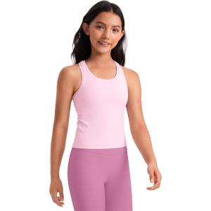 CRZ YOGA Girls Butterluxe Crew Neck Tank Tops Waist Length – Dance Yoga Athletic Casual Racerback Tight Kids Teen(Pink Peony)