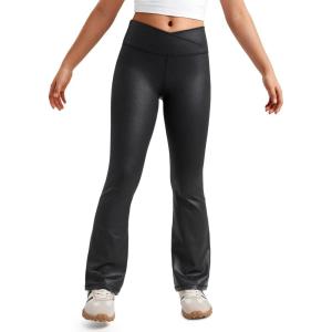 CRZ YOGA Girls Butterluxe Crossover Waist Yoga Flare Leggings – Dance Casual Athletic Pants Bell Bottoms Kids Teen(Faux Leather Black)