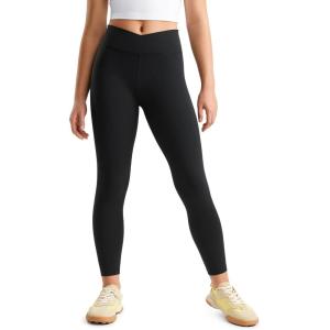 CRZ YOGA Girls Butterluxe Crossover Waist Yoga Leggings – Athletic Sports Casual Pants V Cross Tights Kids Teen(Black)