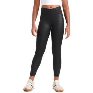 CRZ YOGA Girls Butterluxe Crossover Waist Yoga Leggings – Athletic Sports Casual Pants V Cross Tights Kids Teen(Faux Leather Black)
