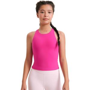 CRZ YOGA Girls Butterluxe Double Lined High Neck Tank Tops Waist Length – Dance Yoga Athletic Casual Racerback Kids Teen(Hibiscus Purple)