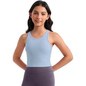 CRZ YOGA Girls Butterluxe Double Lined U Back Tank Tops Crop – Dance Yoga Athletic Casual Crew Neck Tight Kids Teen(Cambric Blue)