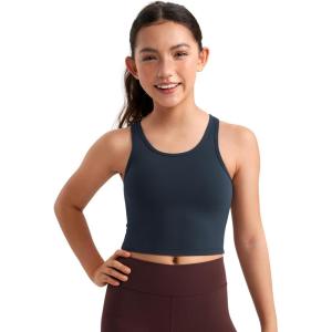 CRZ YOGA Girls Butterluxe Double Lined U Back Tank Tops Crop – Dance Yoga Athletic Casual Crew Neck Tight Kids Teen(True Navy)