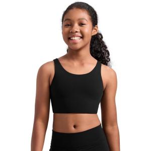 CRZ YOGA Girls Butterluxe Longline Sports Bra – Yoga Athletic Casual Tops Scoop Neck U Back Padded Kids Teen(Black)
