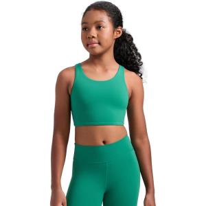 CRZ YOGA Girls Butterluxe Longline Sports Bra – Yoga Athletic Casual Tops Scoop Neck U Back Padded Kids Teen(Cascadia Green)