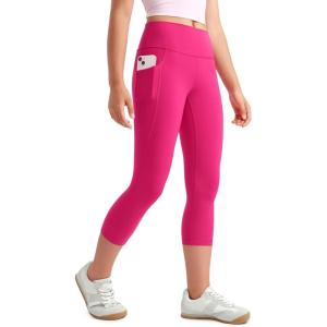 CRZ YOGA Girls Butterluxe Yoga Capri Leggings with Pockets – Athletic Sports Casual Pants High Waist Tights Kids Teen(Granita Pink)