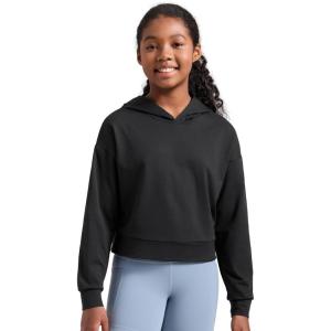 CRZ YOGA Girls Cloud Jersey Long Sleeve Casual Hoodie – Lounge Pullover Sweatshirts Hooded Relaxed Waist Length Kids Teen(Black)