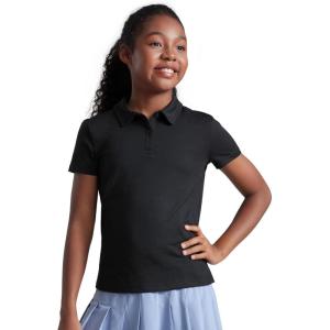 CRZ YOGA Girls Cloud Jersey Short Sleeve Casual Polo Shirts – School Uniform Tennis Golf Hip Length Side Splits Kids Teen(Black)