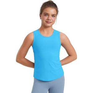 CRZ YOGA Girls Cloudweight Athletic Tank Tops Hip Length – Active Dance Casual Crew Neck Sleeveless Kids Teen(Kayak Blue)