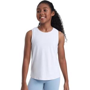 CRZ YOGA Girls Cloudweight Athletic Tank Tops Hip Length – Active Dance Casual Crew Neck Sleeveless Kids Teen(White)