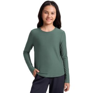 CRZ YOGA Girls Cloudweight Long Sleeve Athletic Shirts – Active Sports Casual Tees Crew Neck Side Slit Winter Kids Teen(Graphite Green)