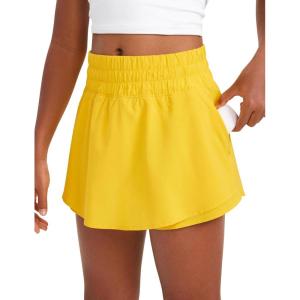 CRZ YOGA Girls Feathery-Fit Soft Flowy Athletic Shorts – Tennis Soccer Casual Ruffle Skirt Zip Pocket Liner Kids Teen(High Visibility Yellow)