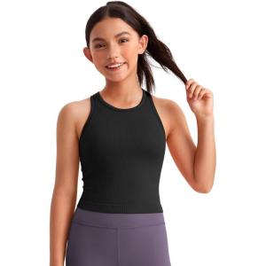 CRZ YOGA Girls Seamless Ribbed Longline Sports Bra – Yoga Athletic Casual Tops High Neck Racerback Padded Kids Teen(Black)