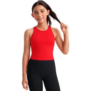 CRZ YOGA Girls Seamless Ribbed Longline Sports Bra – Yoga Athletic Casual Tops High Neck Racerback Padded Kids Teen(Deep Red)
