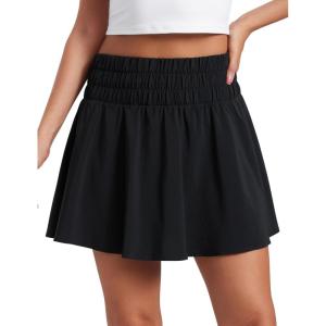 CRZ YOGA High Shirred-Waisted Tennis Skirts for Women – Mini Lined Golf Casual Athletic Flowy Skorts with Pockets(Black)