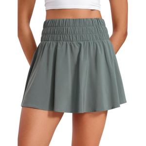 CRZ YOGA High Shirred-Waisted Tennis Skirts for Women – Mini Lined Golf Casual Athletic Flowy Skorts with Pockets(Grey Sage)