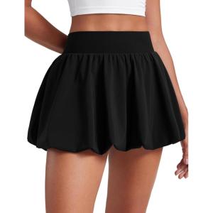CRZ YOGA High Waisted Bubble Tennis Skirts for Women – Mini Casual Ruffled Hem Lined Balloon Skort with Pockets(Black)