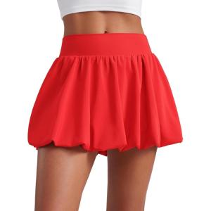 CRZ YOGA High Waisted Bubble Tennis Skirts for Women – Mini Casual Ruffled Hem Lined Balloon Skort with Pockets(Deep Red)
