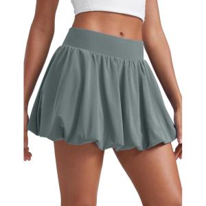 CRZ YOGA High Waisted Bubble Tennis Skirts for Women – Mini Casual Ruffled Hem Lined Balloon Skort with Pockets(Grey Sage)