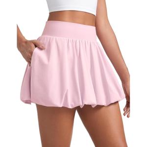 CRZ YOGA High Waisted Bubble Tennis Skirts for Women – Mini Casual Ruffled Hem Lined Balloon Skort with Pockets(Strawberry Pink)