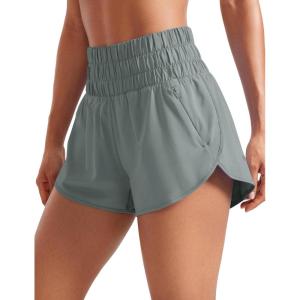 CRZ YOGA High Waisted Dolphin Running Shorts for Womens Mesh Liner for Gym Workout Athletic with Zipper Pocket(Grey Sage)
