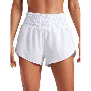 CRZ YOGA High Waisted Dolphin Running Shorts for Womens Mesh Liner for Gym Workout Athletic with Zipper Pocket(White)
