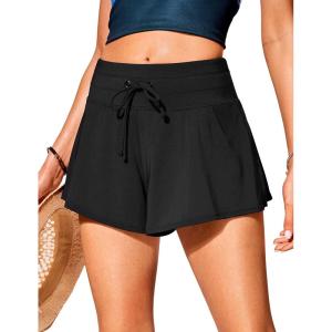 CRZ YOGA High Waisted Flowy Board Shorts for Womens – Swim Beach Skirt Skorts Bathing Swimsuit Bottoms with Liner(Black)