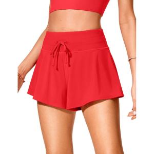 CRZ YOGA High Waisted Flowy Board Shorts for Womens – Swim Beach Skirt Skorts Bathing Swimsuit Bottoms with Liner(Deep Red)