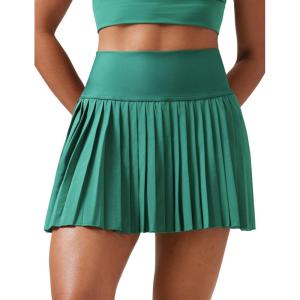 CRZ YOGA High Waisted Pleated Tennis Skirts for Women – Mini Lined Casual Tummy Control Skort with Pockets(Cascadia Green)