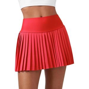 CRZ YOGA High Waisted Pleated Tennis Skirts for Women – Mini Lined Casual Tummy Control Skort with Pockets(Deep Red)