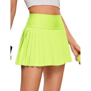 CRZ YOGA High Waisted Pleated Tennis Skirts for Women – Mini Lined Casual Tummy Control Skort with Pockets(Neon Yellow)