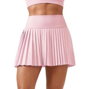 CRZ YOGA High Waisted Pleated Tennis Skirts for Women – Mini Lined Casual Tummy Control Skort with Pockets(Strawberry Pink)