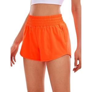 CRZ YOGA High Waisted Running Shorts for Women 2.5″ – Mesh Liner Quick Dry for Workout Sport Athletic with Zipper Pocket(Neon Orange)